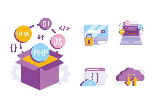 Purple And Yellow Programming Illustrations Coding Web Development Languages Designs Set