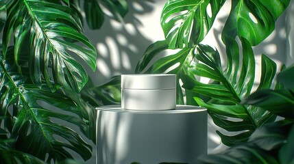 Empty cream jar amidst lush foliage