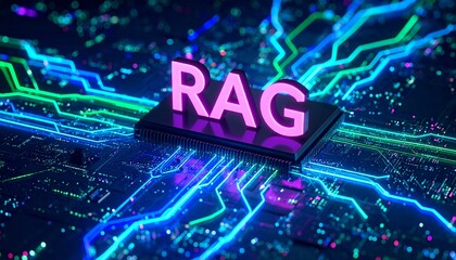 High-detail 8K render of an AI chip etched with “RAG” in fiber-optic style lights, surrounded by data stream animations, RAG, Retrieval Augmented Generation.