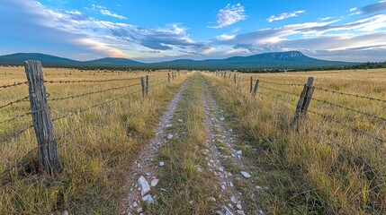 Dusty road winds through a golden field, bordered by a weathered fence, towards a distant mountain range under a partly cloudy sky