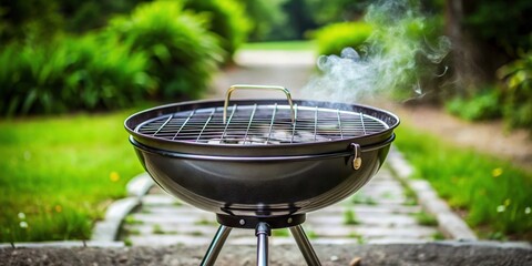 Outdoor Kettle Grill Smoking on a Sunny Day in a Lush Green Garden
