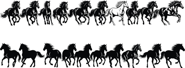 Running horses silhouette vector set, majestic wild horse icons, detailed stallion movement illustrations, horse mane flowing, equine nature animal design collection