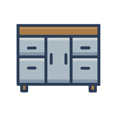 Illustration of a stylish storage cabinet with drawers and doors on black background