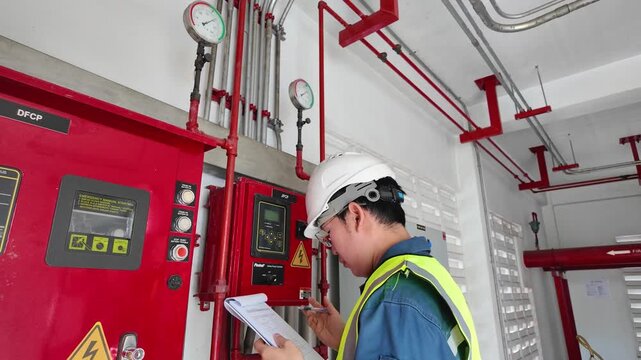 Fire protection inspection by engineer wearing safety helmet and vest checking control panel with pressure gauges and clipboard in industrial building for safety control