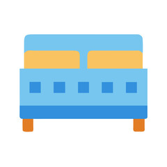 Stylized double bed illustration with blue frame and yellow pillows on black backdrop