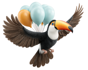 Toucan with vibrant beak flying joyfully, wings spread wide, carrying pastel blue and orange balloons, cartoonish wildlife illustration, playful and cheerful mood