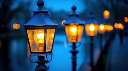 Evening lanterns by a waterway