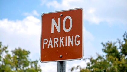 Orange No Parking Sign with Sky and Trees, urban restriction concept