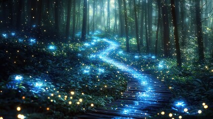 Enchanting forest path, glowing with bioluminescent creatures