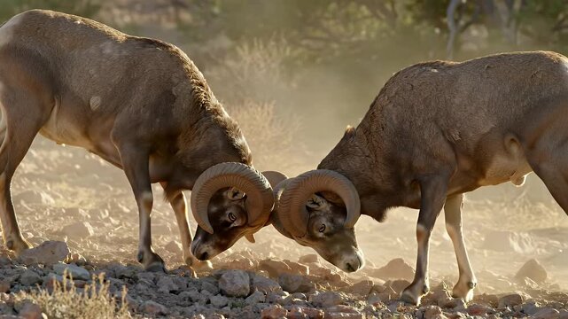 Two Brown Rams Headbutting on Rocky Ground