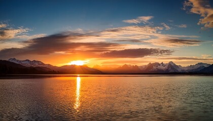 Naklejka premium evening glow over a vast freshwater lake premium quality picture