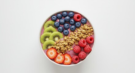 Smoothie bowl with vibrant fruits and granola, centered on white background with wide empty margins, photorealistic, fresh and colorful.