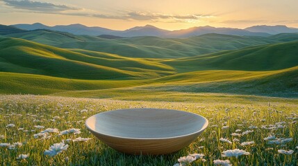 Empty light wooden bowl on a grassy hillside at sunset