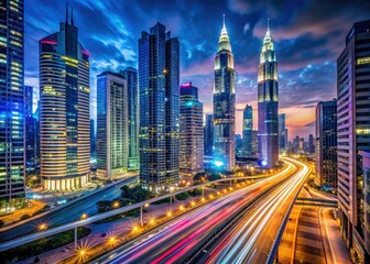 Fototapeta premium Nighttime timelapse captures a breathtaking aerial view of glittering skyscrapers.