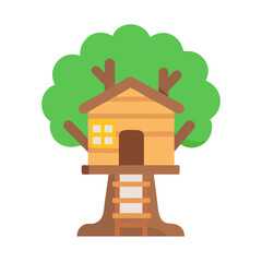 Fototapeta premium Flat vector illustration of a treehouse with ladder on black background