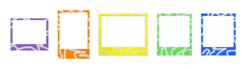 Set of empty polaroid frames in different formats and fluorescent colors with graffiti style stains. Cut out. With shadow. Festive, cool style. Decor/ design element. PNG