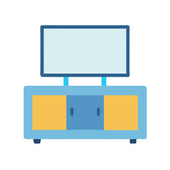 A cartoon TV set and cabinet on a black background, isolated vector image