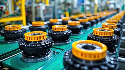 Factory conveyor belt with numerous black and dark gray parts, topped with bright yellow circular components.  Manufacturing process in progress