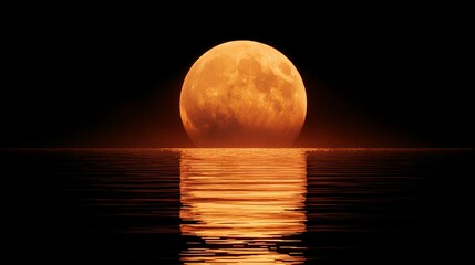 Giant, orange moon rising over still, reflective water, casting golden light
