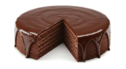 Close-up of a gourmet chocolate cake with glossy ganache, sliced to reveal moist layers, centered on a white background with wide empty margins, high-resolution, vivid colors.