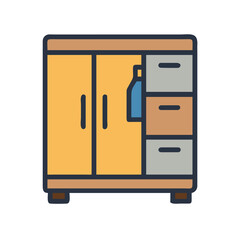 Stylized wardrobe illustration with drawers and hanging clothes, outlined in dark blue