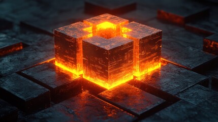 Fiery glowing cube embedded in a dark, metallic matrix