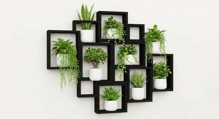 Fototapeta premium Collection of potted plants arranged on a modern black shelf against a white wall creating a minimalist and fresh indoor decoration