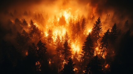 Fiery forest ablaze at night