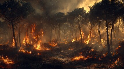 Fiery forest ablaze.  Flames engulf a pine forest, creating a dramatic, destructive scene.  Thick smoke obscures the sky