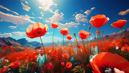 Fototapeta premium vibrant red poppy flowers stand tall under a bright sky this image captures the beauty of nature in a stunning floral scene perfect for designs and backgrounds ai