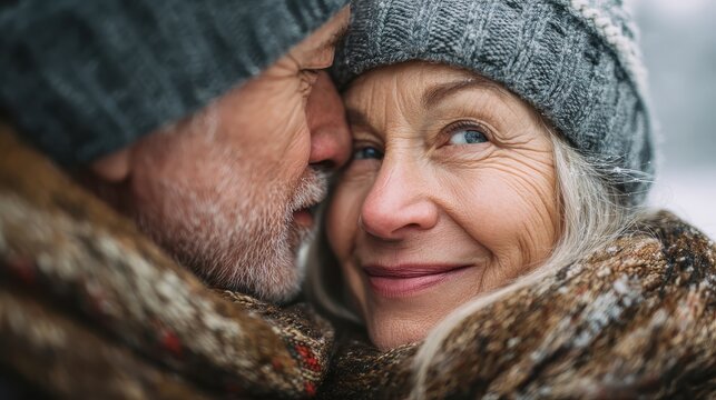 happy senior couple having tender moment during hiking day in the mountains  winter and love concept  soft focus on womans face no logos no brands ar 169