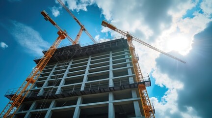 Modern building construction cranes, a tall building frame with two cranes stands against a bright, cloudy sky, illustrating urban development, real estate investment, and future city growth.