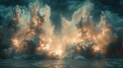 Fiery clouds erupting over a sea