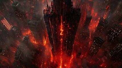 Fiery, apocalyptic cityscape. Towering dark structure
