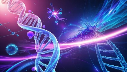Neon blue and purple double helix DNA illustration with a futuristic background, representing biotechnology, genetics, and modern science concepts.