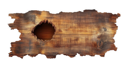 Fototapeta premium Old weathered wooden plank with a hole in the center, isolated on transparent background