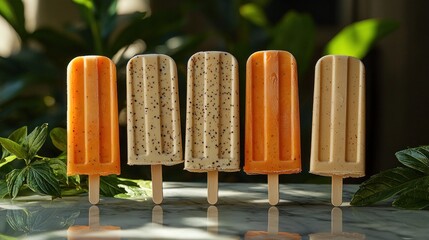 Five popsicles,  striped orange and creamy white,  with seeds.  Blurred green foliage background.  Natural light