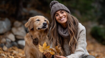 A cheerful young woman in a cozy beanie and scarf sits with her happy golden retriever dog in a pile of golden autumn leaves, enjoying the fall season together.