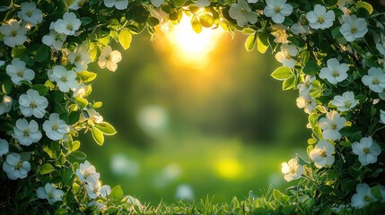 Floral frame at sunset.  A circular frame of blossoms and greenery surrounds a soft-focused background of a sunlit garden