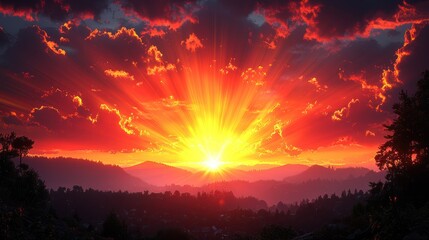 Fiery sunset over mountain range