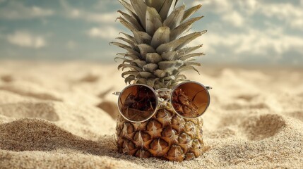 a funny photo of a pineapple with sunglasses lying on a sandy beach no logos no brands ar 169