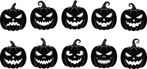 Set of spooky Halloween pumpkin faces vector, scary jack-o'-lantern silhouettes with angry expressions, perfect for Halloween decorations, party, or invitation designs