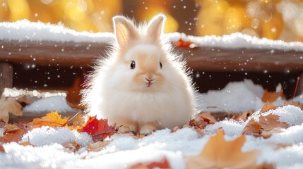 Fluffy baby rabbit in winter wonderland