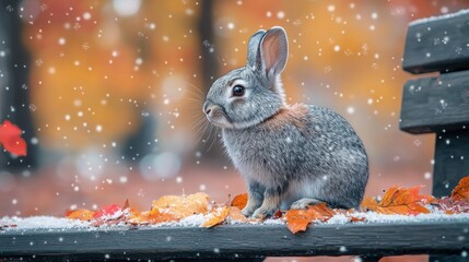 Fluffy gray bunny sits on a park bench covered in autumn leaves and snow, a gentle winter scene