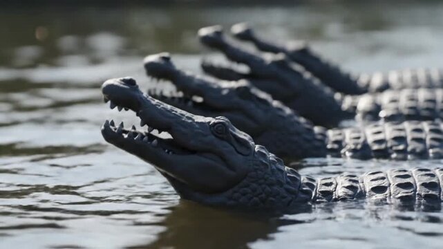 A threatening row of alligators lined up in murky swamp water, the lead reptile with its jaws open showing sharp teeth