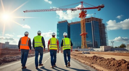 Construction team walking on site, a group of workers walk away from a modern building under construction with a crane, symbolizing professional teamwork, collaboration
