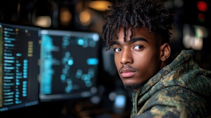 Focused young man, dark hair, in front of glowing computer screens