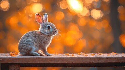 Fluffy rabbit on wooden railing, golden sunset