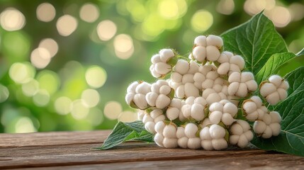 Fluffy white cotton bolls cluster on rustic wood, soft green bokeh background