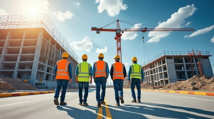 Construction team walking away, a group of five workers walk away from a large construction site with a red crane, symbolizing successful project completion and a unified professional team.